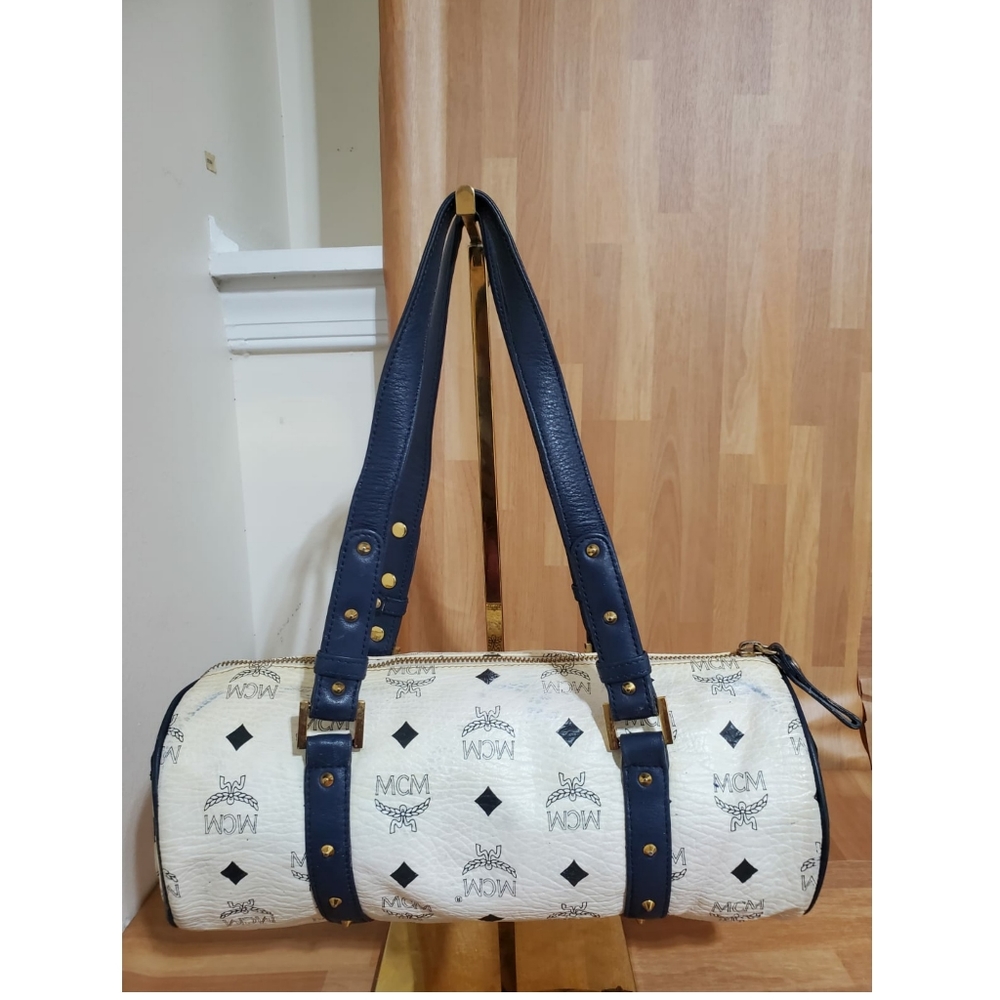 MCM Visetos White/Blue Essential Barrel Bag - Picture 2 of 9